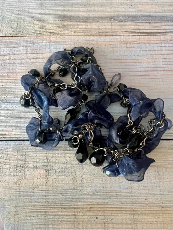 Cookie Lee Navy Ribbon Gunmetal Chain Crystal Dangle Beaded Necklace - Picture 5 of 12